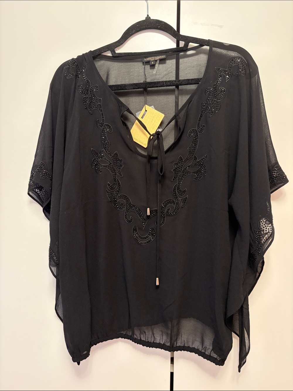 NWT Alberto Makali Black Sheer Beaded Kaftan Blouse Top